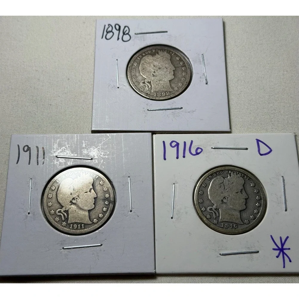 Lot‎ of 3 Barber Quarters 1898 1911 1916-D US Silver Coins 25c Estate Find